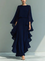 Ruffled Chiffon Long Sleeve Top and Pants Set