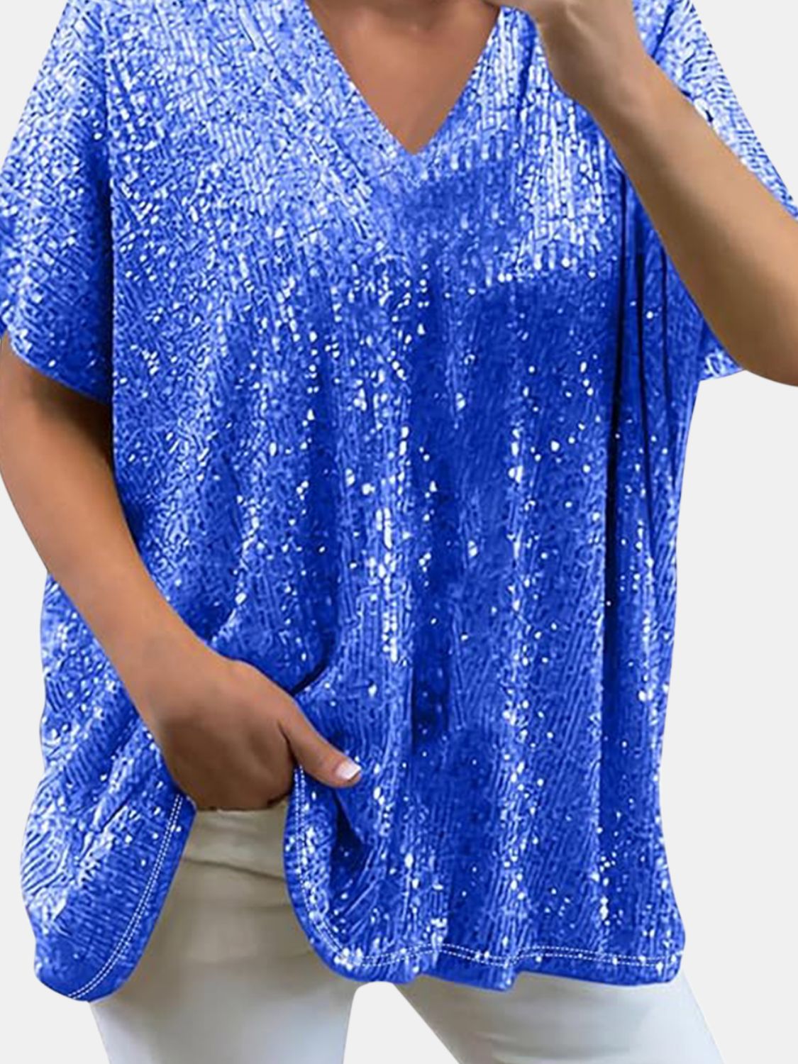 Full Size Sequin V-Neck Short Sleeve Top - Ladyez