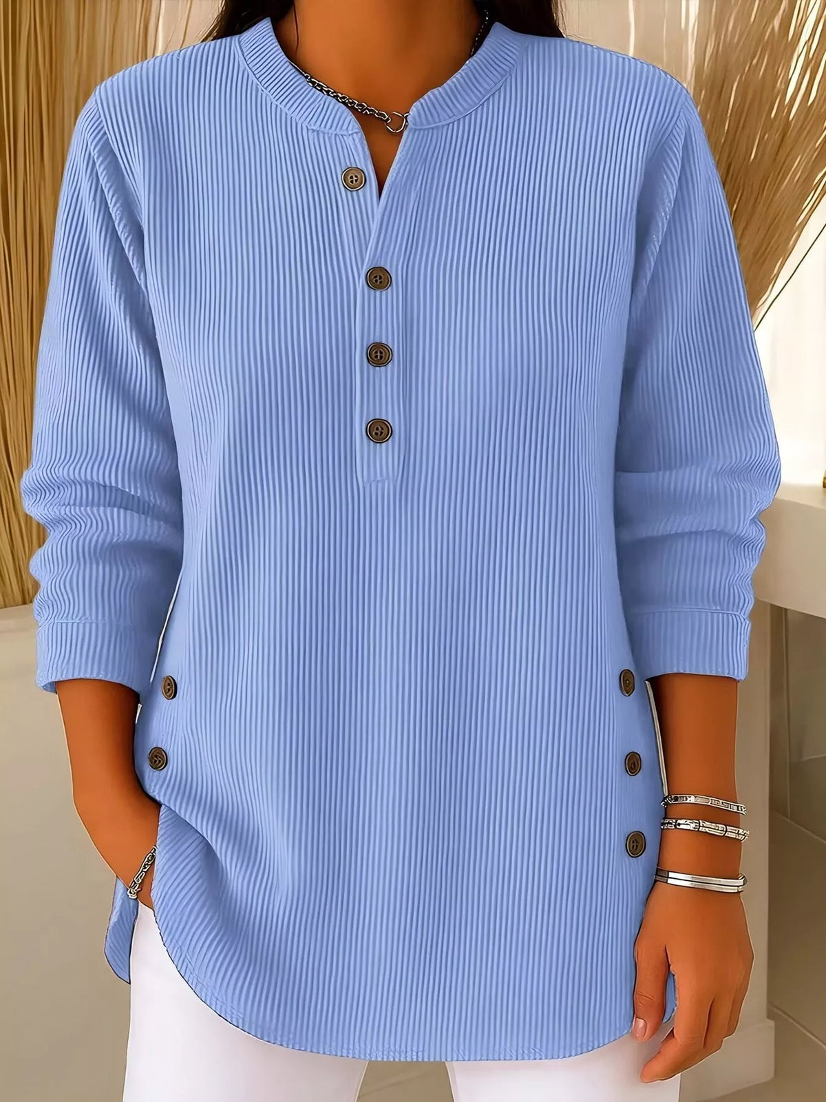 Full Size Ribbed Half Button Henley Top Plus Size