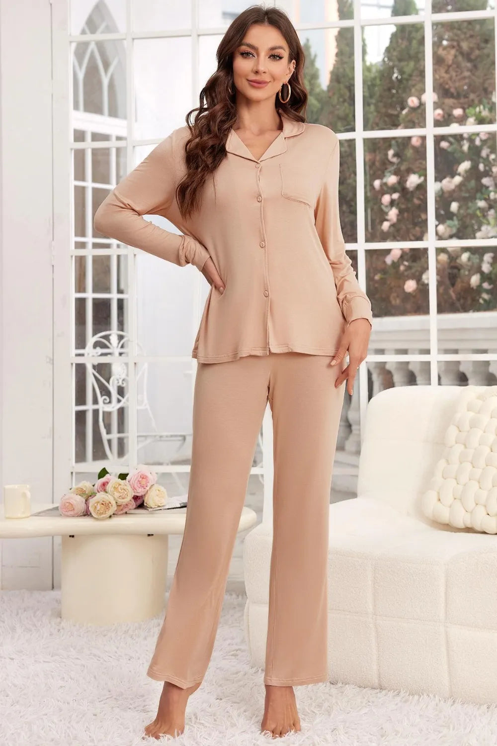 Button Up Long Sleeve Top and Pants Lounge Set - Ladyez