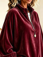 Velvet Quarter-Zip Sweatshirt with Ruffled Cuffs