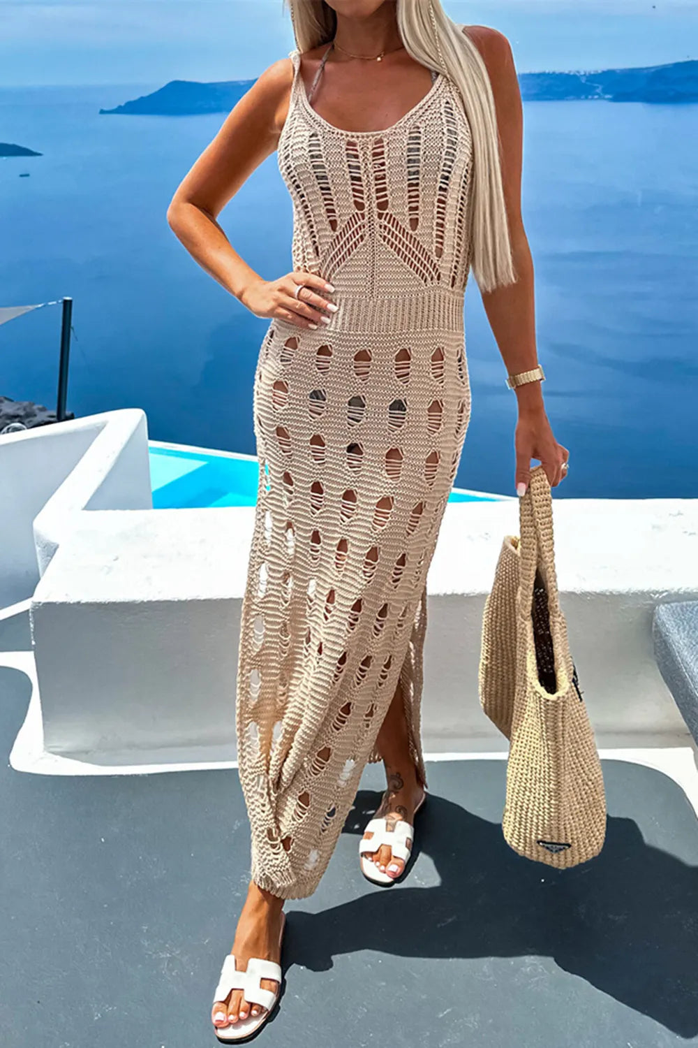 Openwork Slit Scoop Neck Sleeveless Cover Up - Ladyez