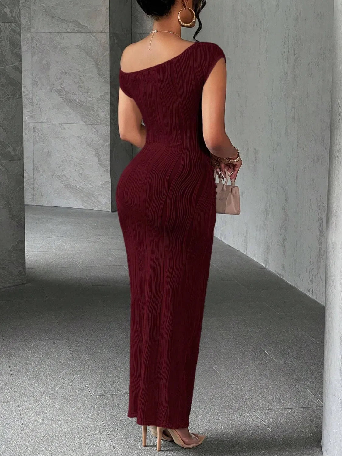 Textured Single Shoulder Maxi Dress - Ladyez