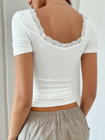Devine Lace Detail Square Neck Short Sleeve T-Shirt - Ladyez