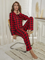 Plaid Collared Neck Long Sleeve Top and Pants Lounge Set - Ladyez