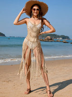 Fringe Openwork Spaghetti Strap Cover-Up - Ladyez