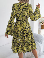 Floral Print Smocked Ruffle Hem Flared Sleeve Dress