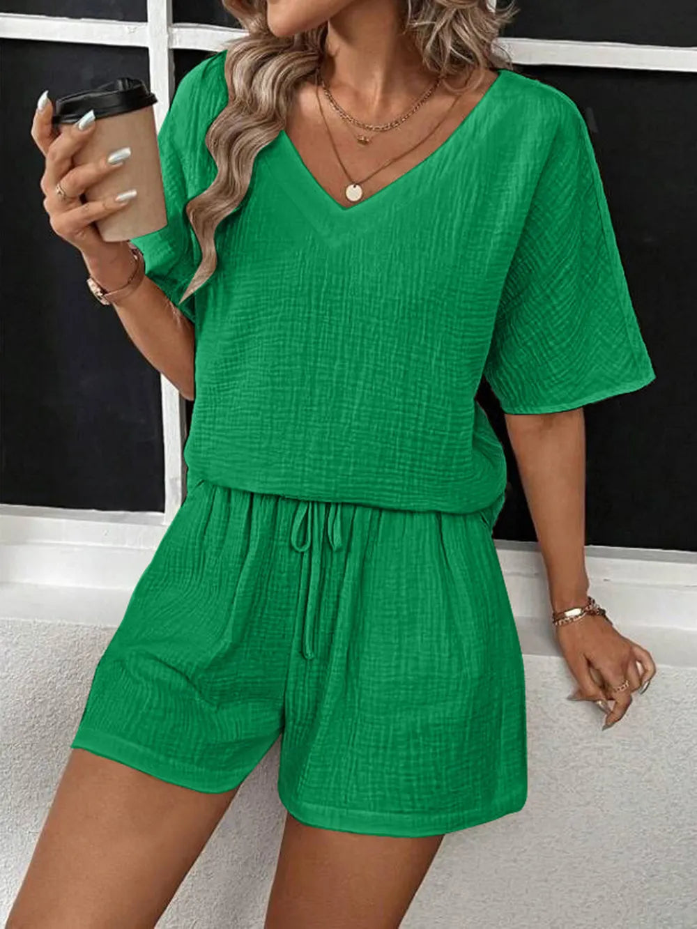 V-Neck Half Sleeve Top and Shorts Set - Ladyez