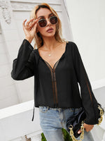 Ivy Lane Tie Neck Long Sleeve Semi-Sheer Blouse - Ladyez