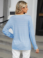 Striped Notched Long Sleeve T-Shirt - Ladyez
