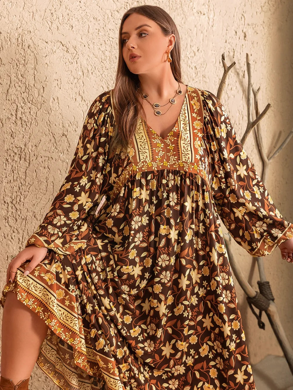 Plus Size Printed V-Neck Balloon Sleeve Dress - Ladyez