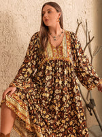 Plus Size Printed V-Neck Balloon Sleeve Dress - Ladyez