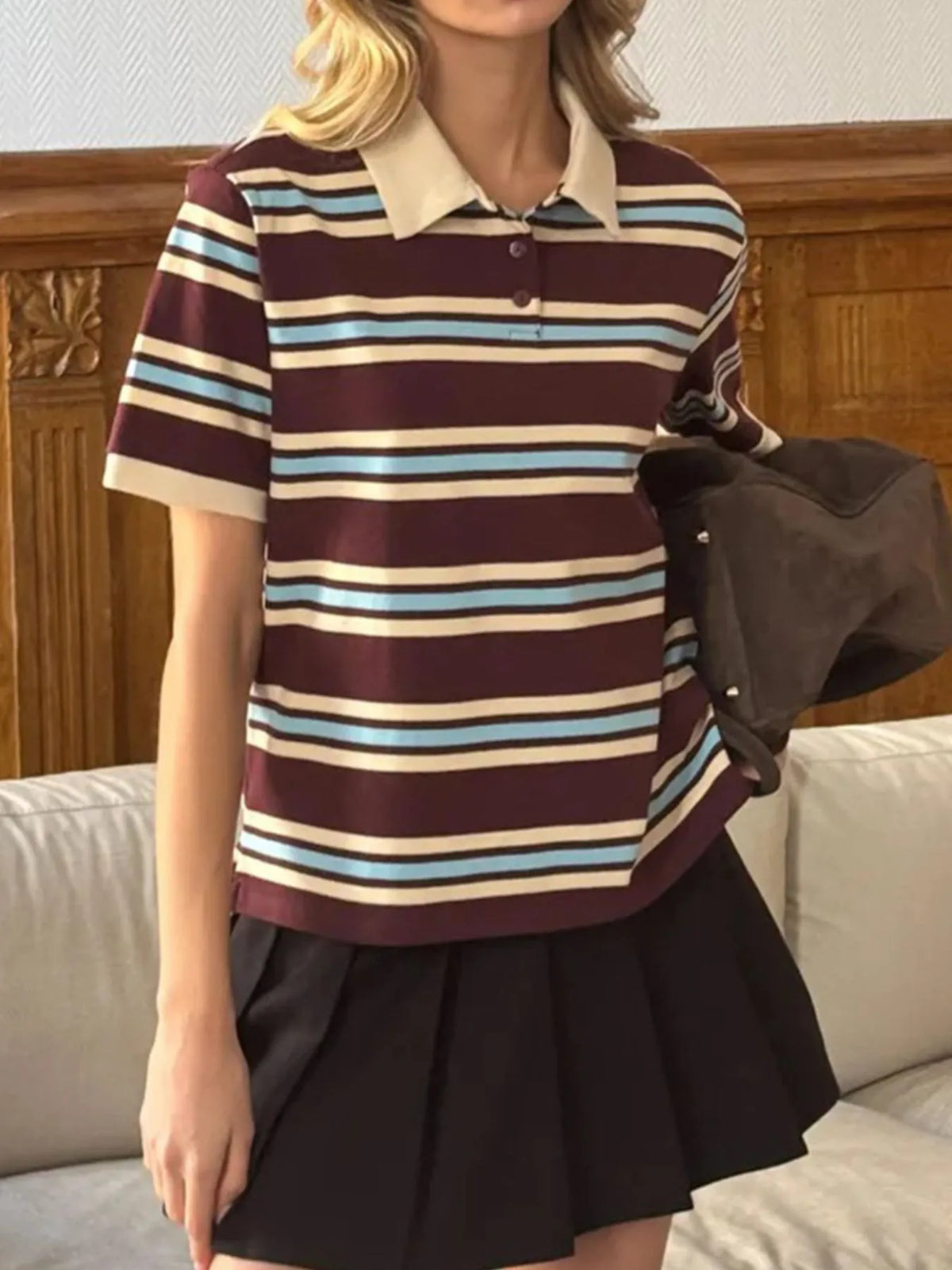 Striped Polo T-Shirt with Contrast Collar - Ladyez