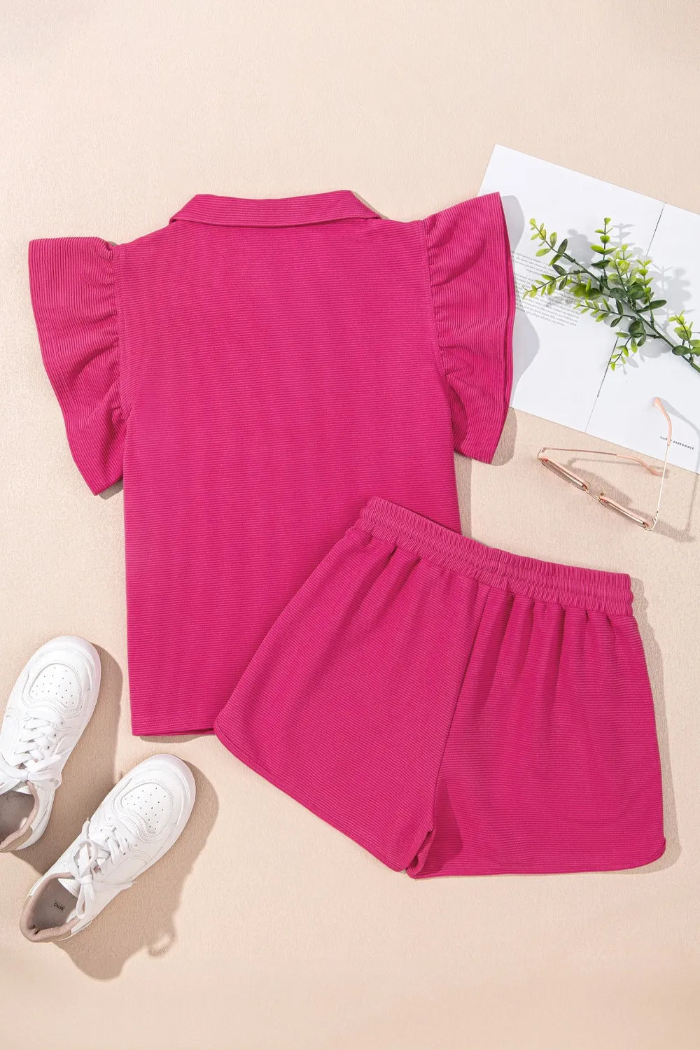 Striped Detail Flutter Sleeve Zipped Collar Top and Short Set