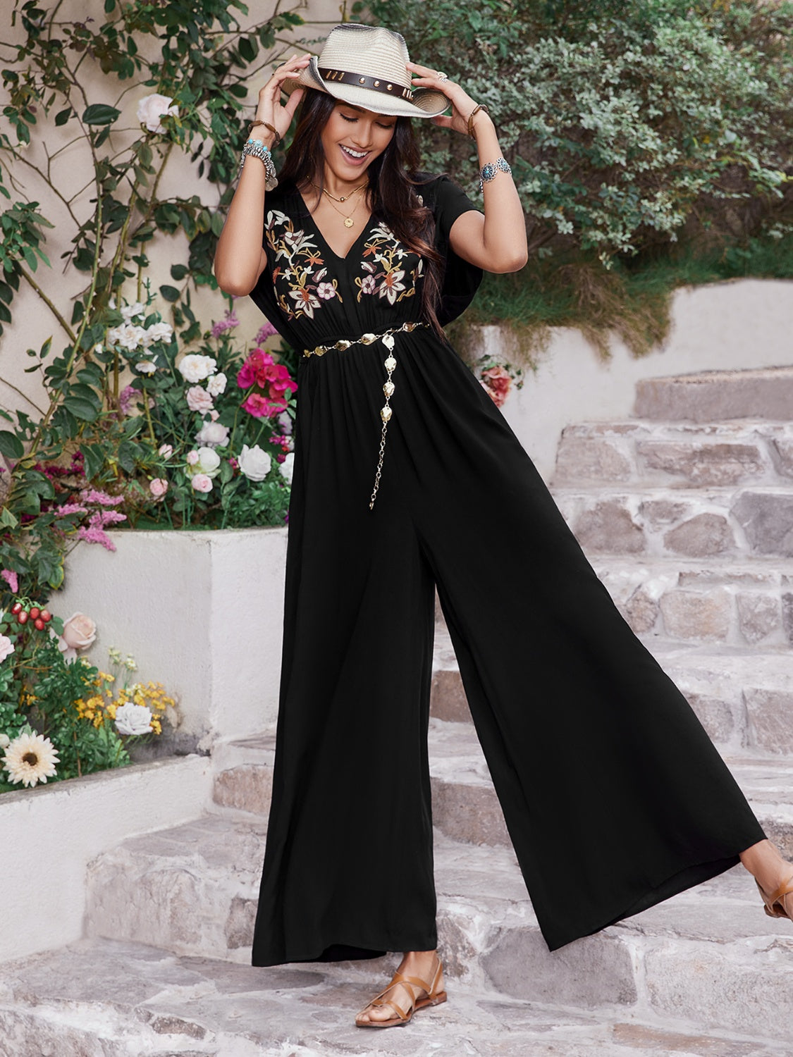 Embroidered Ruched Short Sleeve Jumpsuit - Ladyez