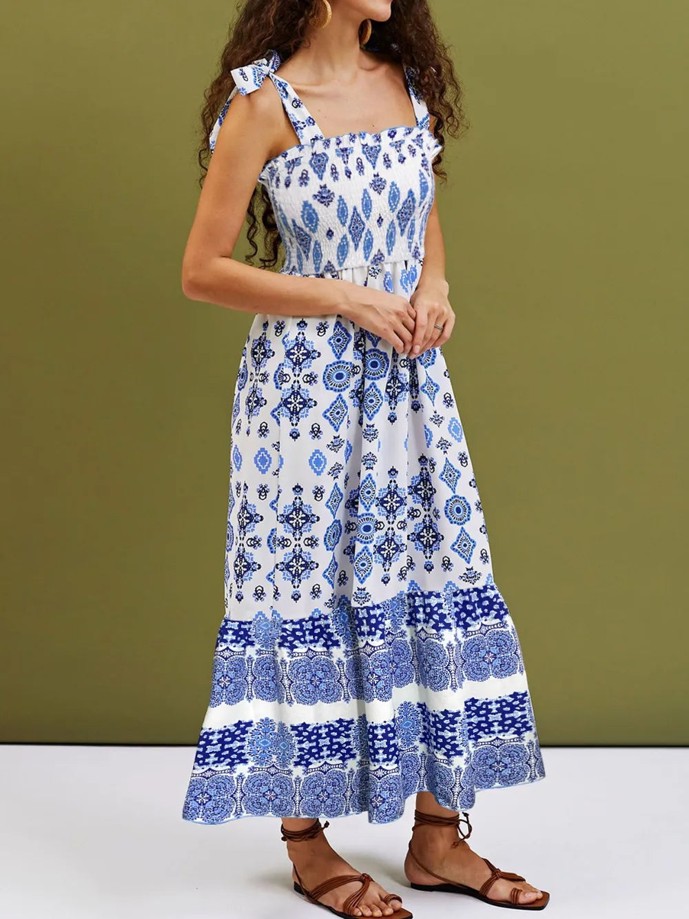 Smocked Printed Square Neck Cami Dress - Ladyez