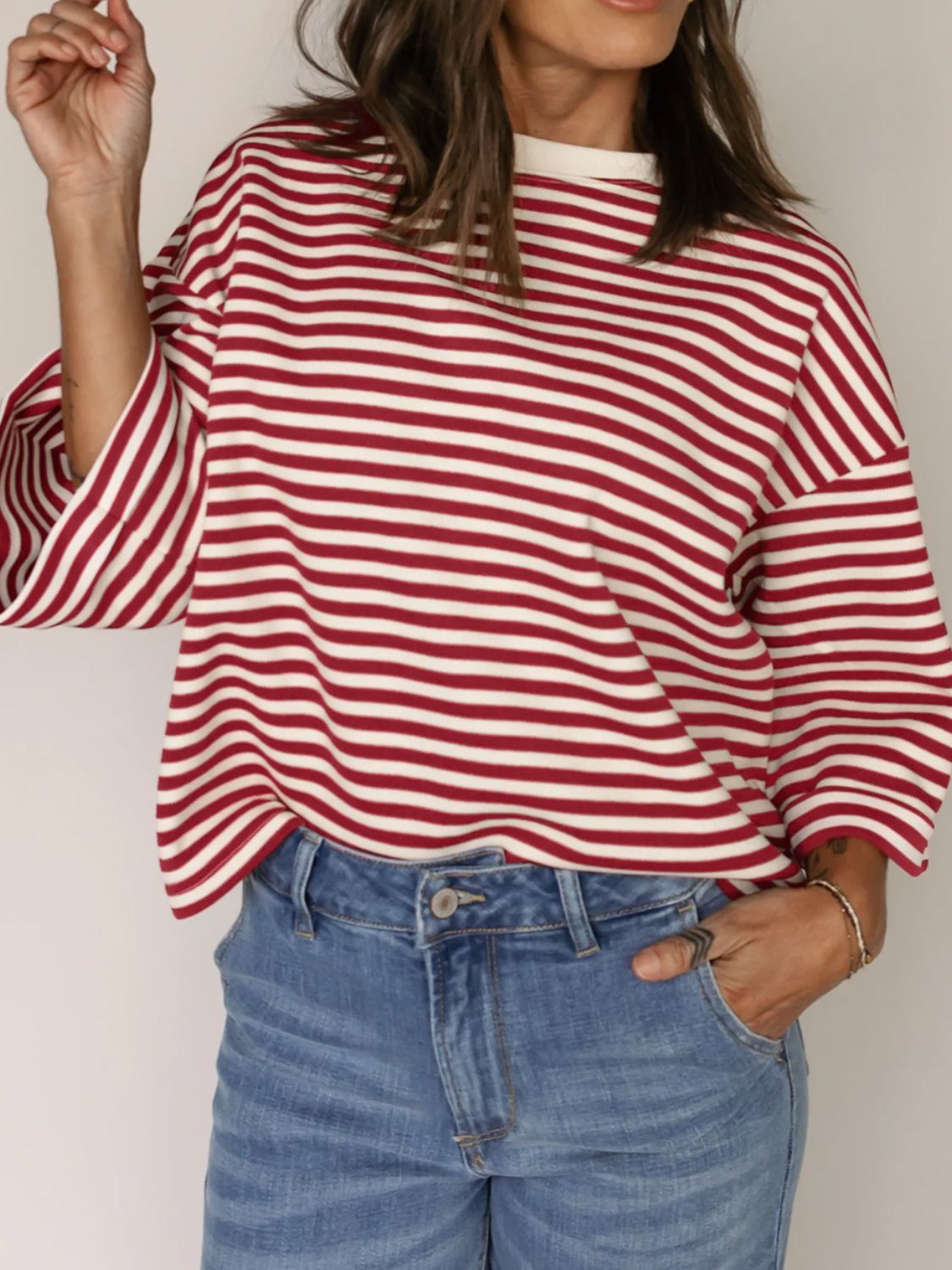 Stripe Bow Decor Cutout Drop Shoulder Top - Ladyez