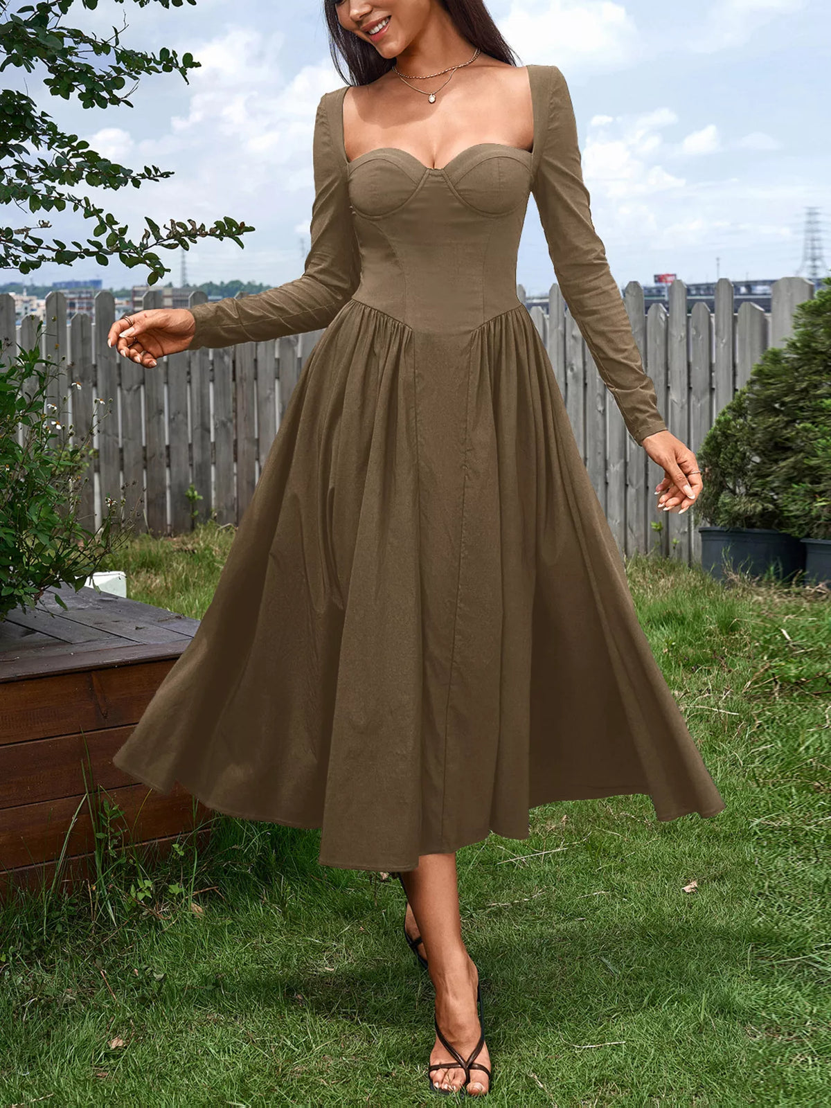 Sweetheart Neckline Long Sleeve A-Line Midi Dress