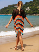 Angel Wings Cutout Striped Cover-Up with Tassel - Ladyez