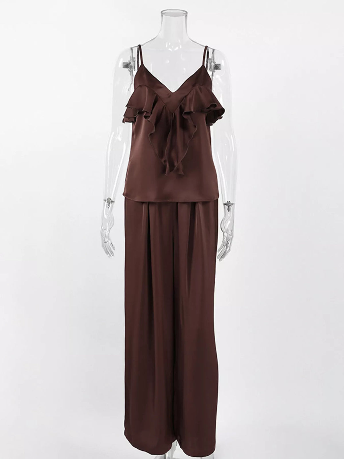 Ruffle V-Neck Cami and Wide-Leg Pants Two-Piece Set