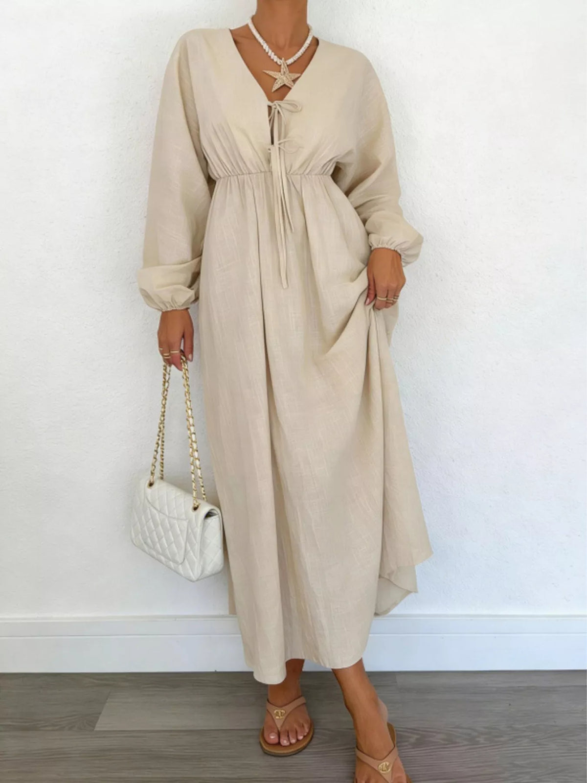 Tie Front Balloon Sleeve Maxi Dress