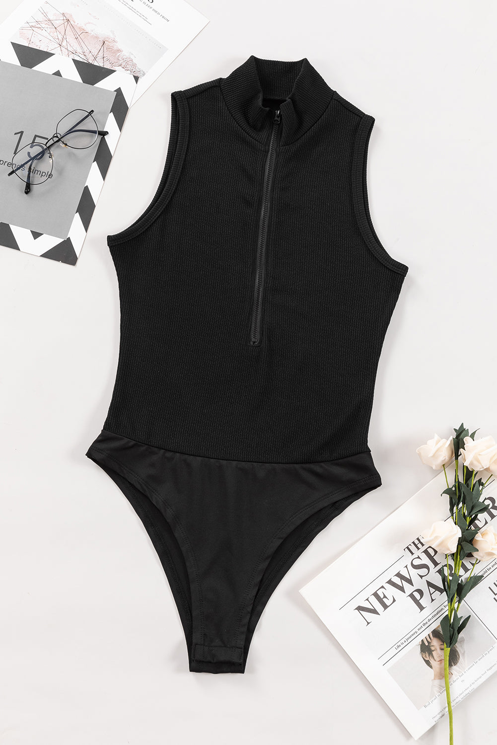 Zip Up Mock Neck Sleeveless Bodysuit - Ladyez