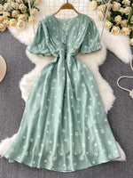 Floral Puff Sleeve A-Line Midi Dress