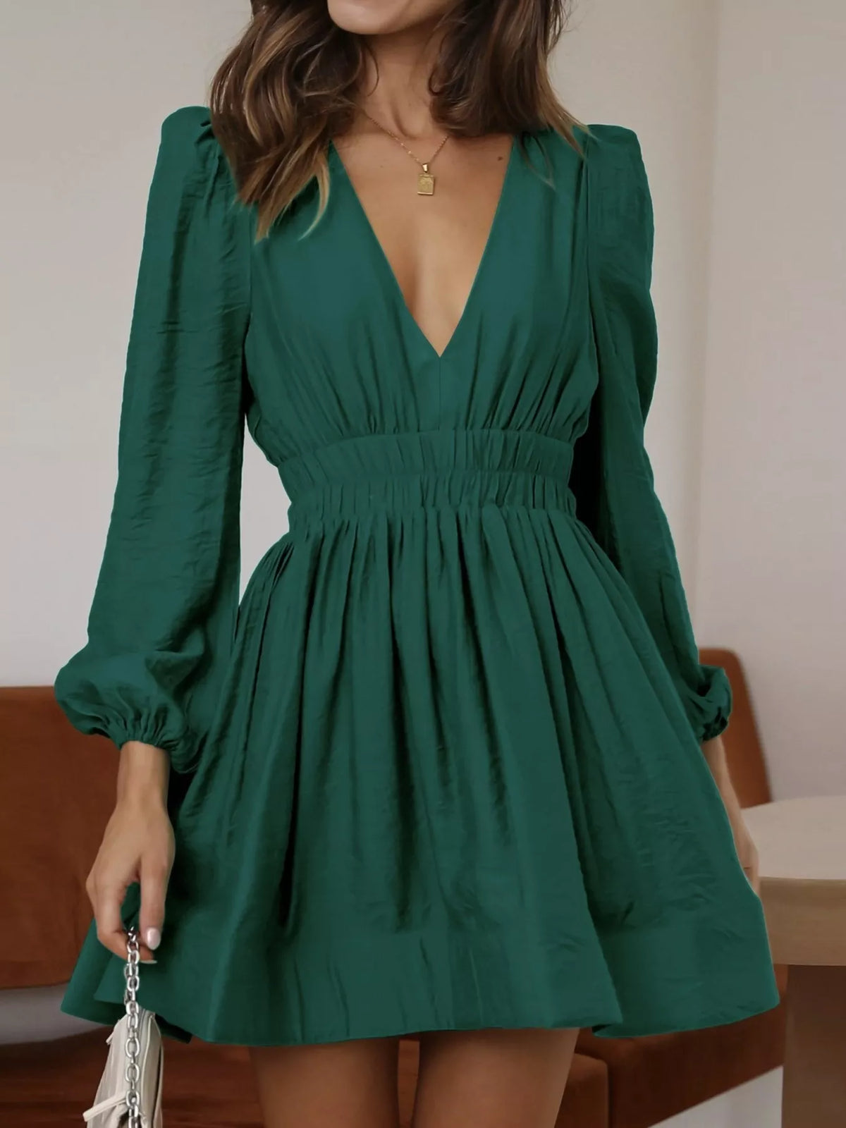 V-Neck Long Sleeve Mini Dress