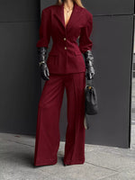 Lapel Collar Blazer and Wide-Leg Pants Set
