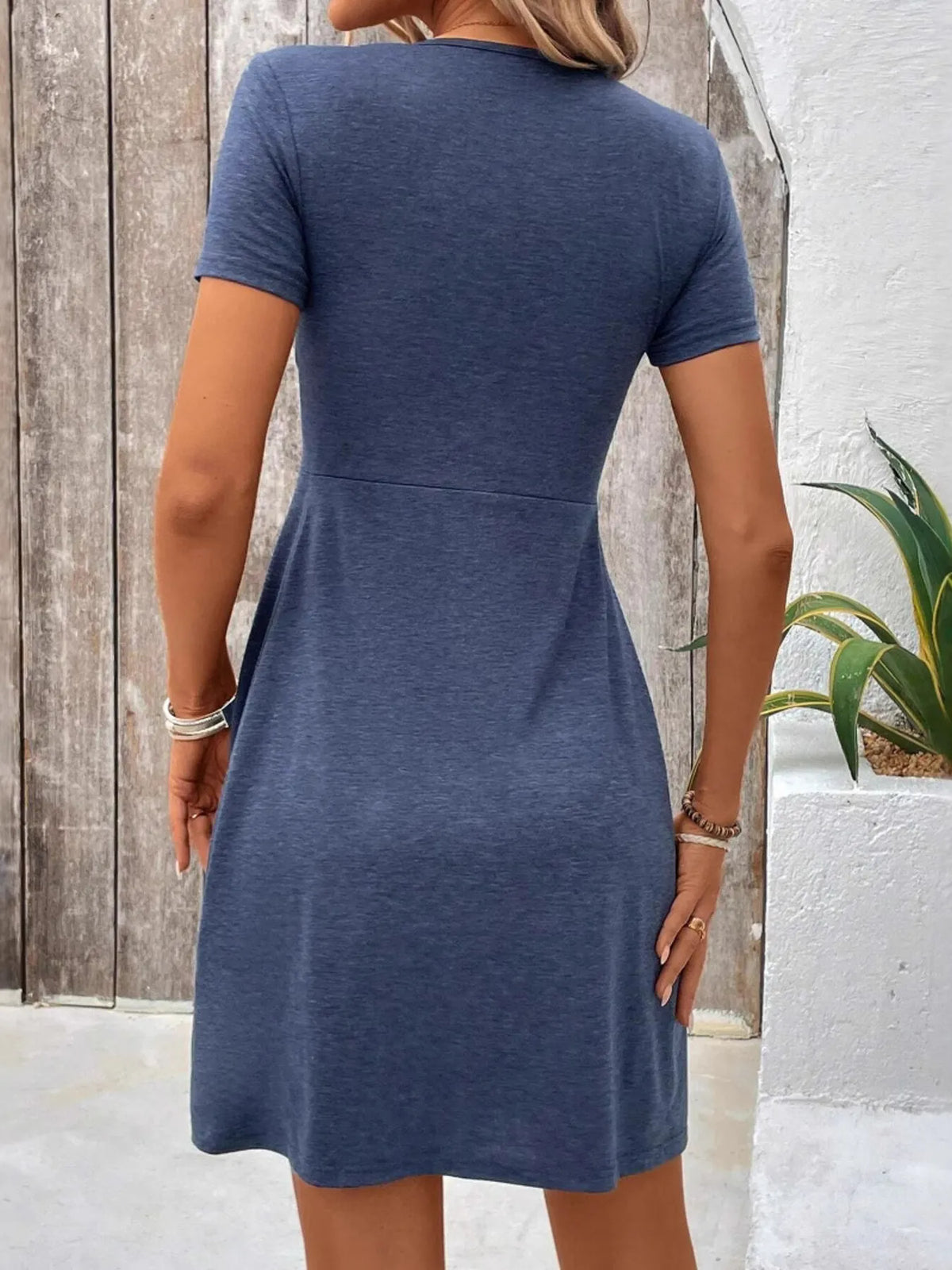 Twist Front V-Neck Short Sleeve Casual Dress - Ladyez