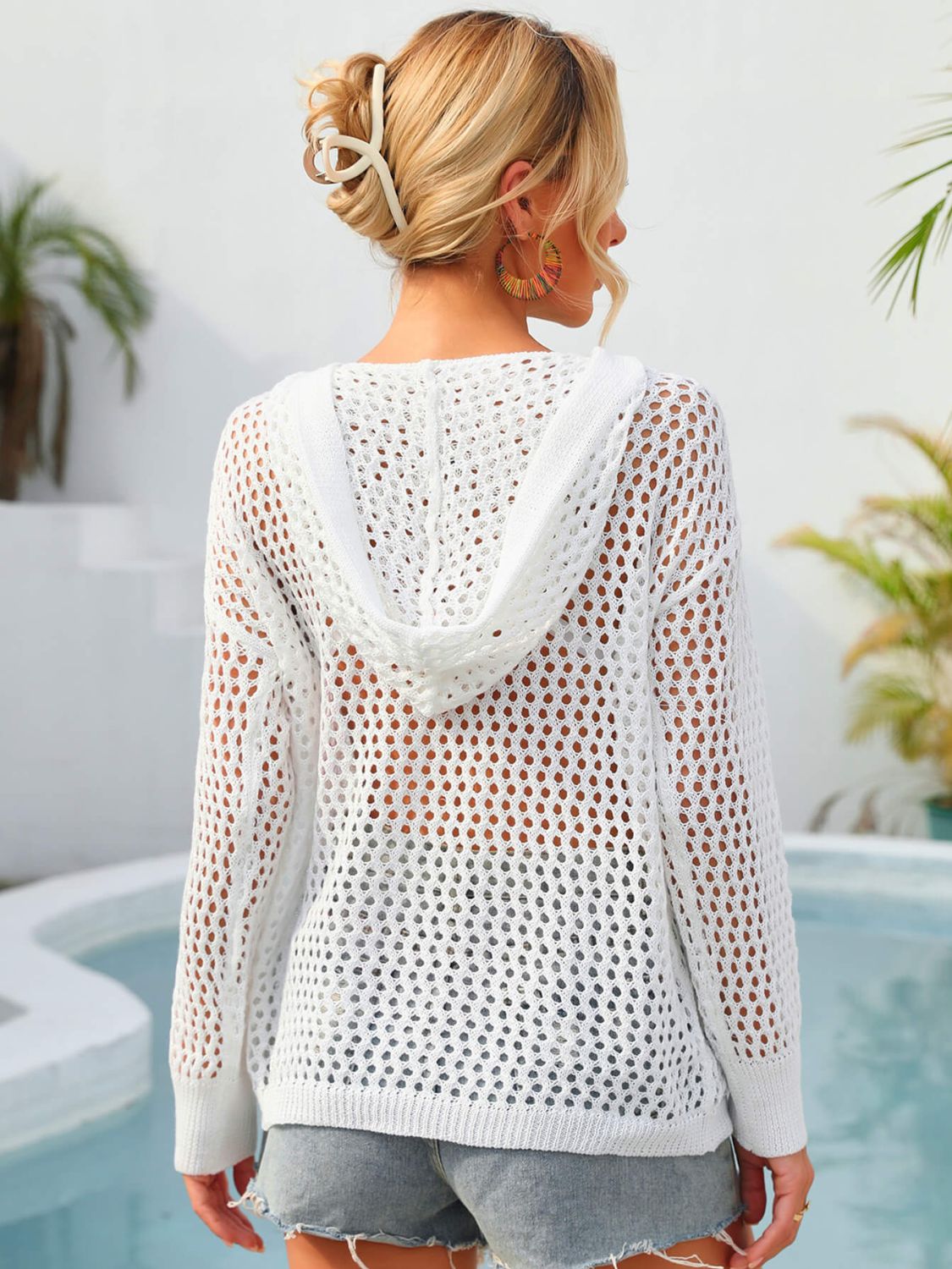 Angel Wings Flower Graphic Lace-Up Openwork Hooded Cover Up - Ladyez