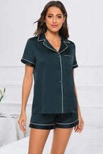 Printed Button Up Short Sleeve Top and Shorts Lounge Set - Ladyez