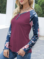 V-Neck Floral Long Sleeve T-Shirt - Ladyez