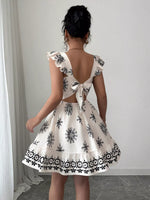 Printed Bow Back Square Neck Mini Dress