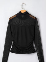 Sheer Mesh Patchwork High Neck Long Sleeve Top