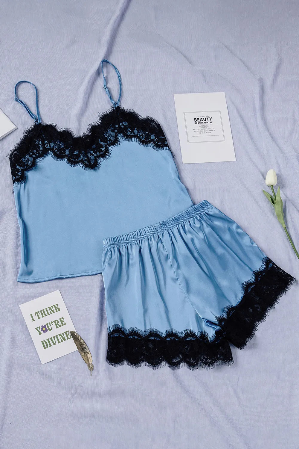 Lace Detail Spaghetti Strap Top and Shorts Lounge Set - Ladyez