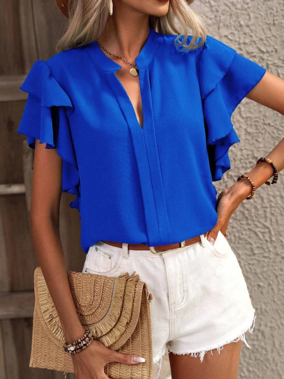 Ruffle Sleeve Notched Blouse - Ladyez