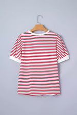 Stripe Contrast Trim Round Neck Short Puff Sleeve T Shirt