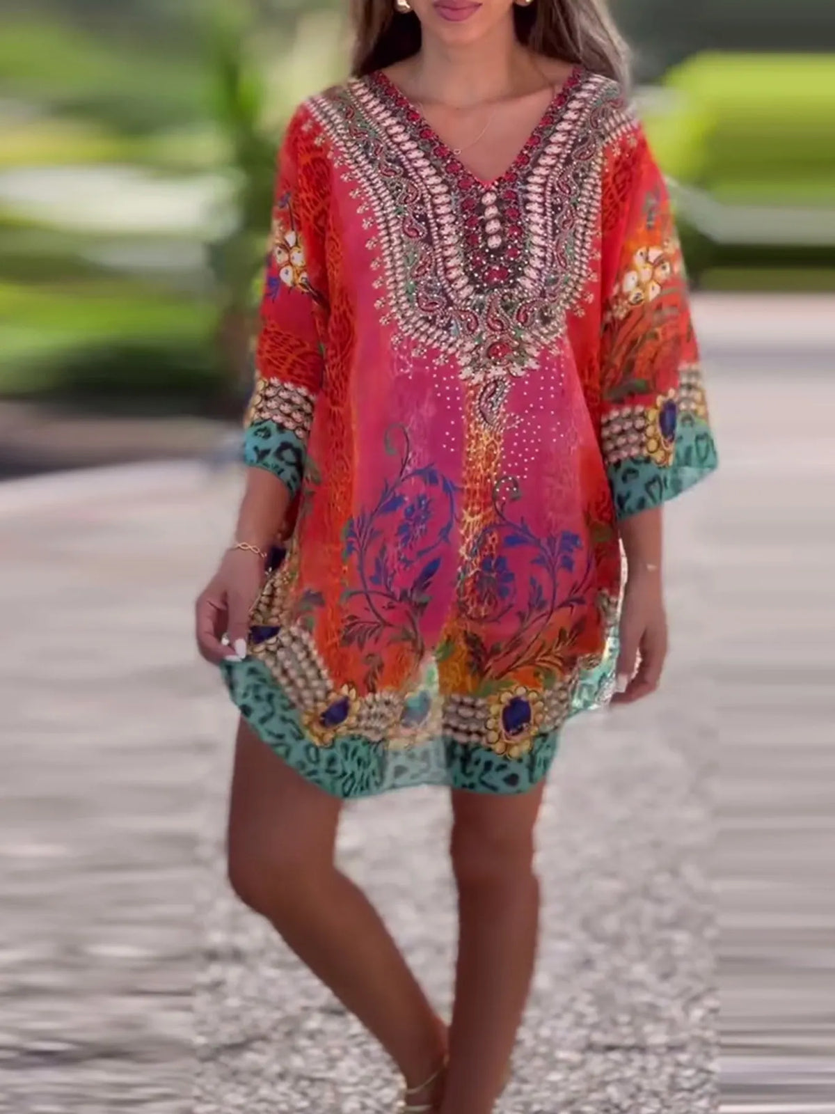 Floral Print V-Neck Cover Up - Ladyez