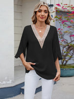 V-Neck Lace Trim Blouse - Ladyez