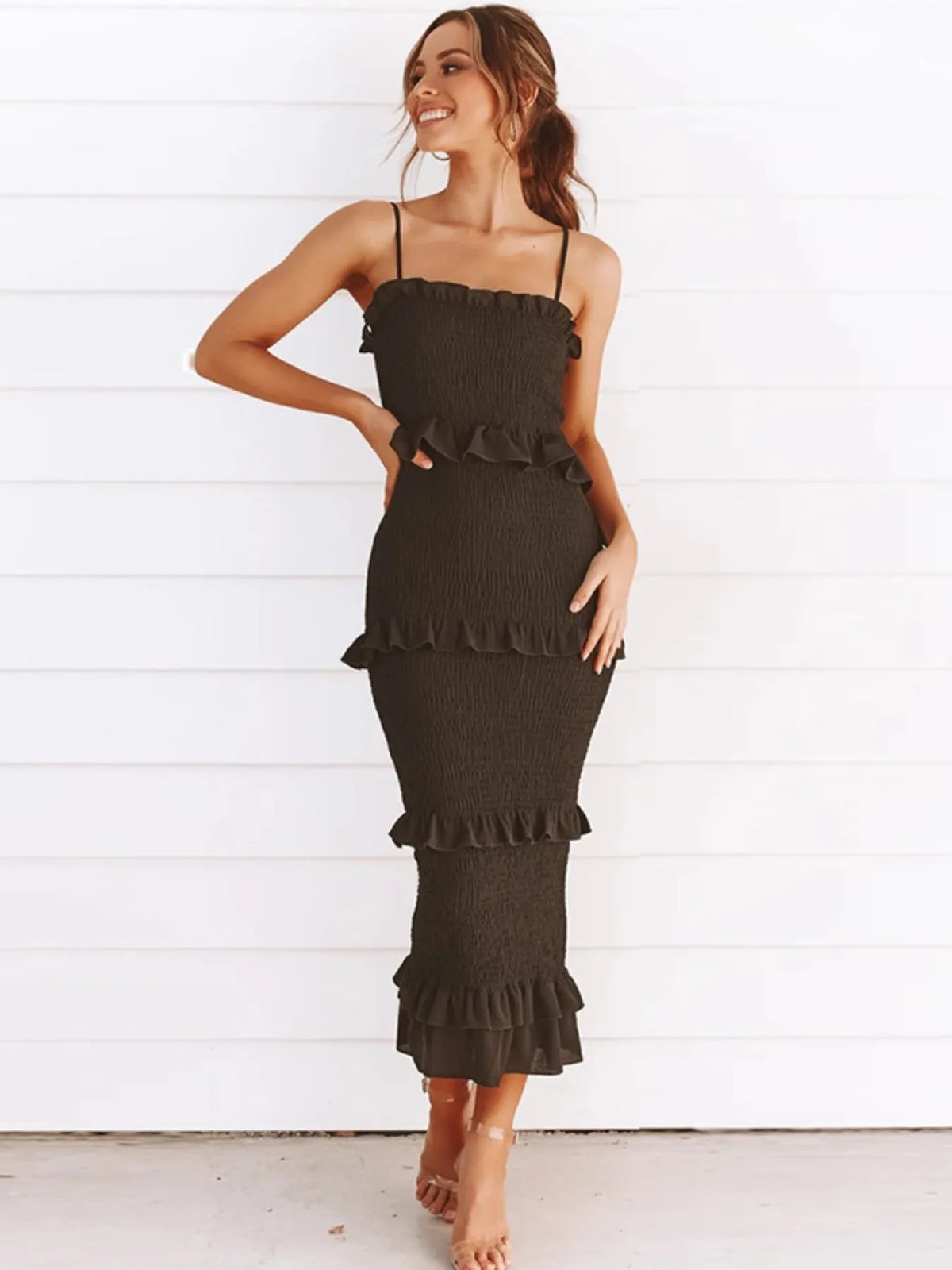 Smocked Ruffled Midi Cami Dress - Ladyez