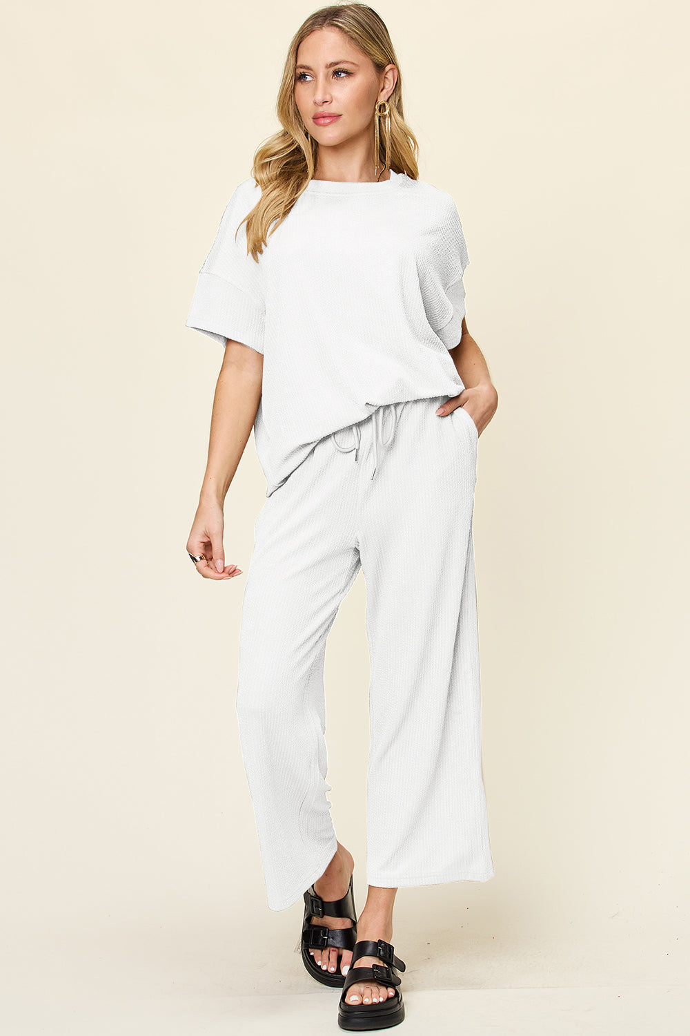 Double Take Full Size Texture Round Neck Short Sleeve T-Shirt and Wide Leg Pants - Ladyez