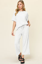 Double Take Full Size Texture Round Neck Short Sleeve T-Shirt and Wide Leg Pants - Ladyez