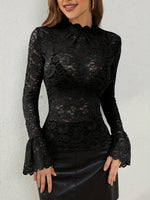 Mock Neck Long Sleeve Lace Top - Ladyez