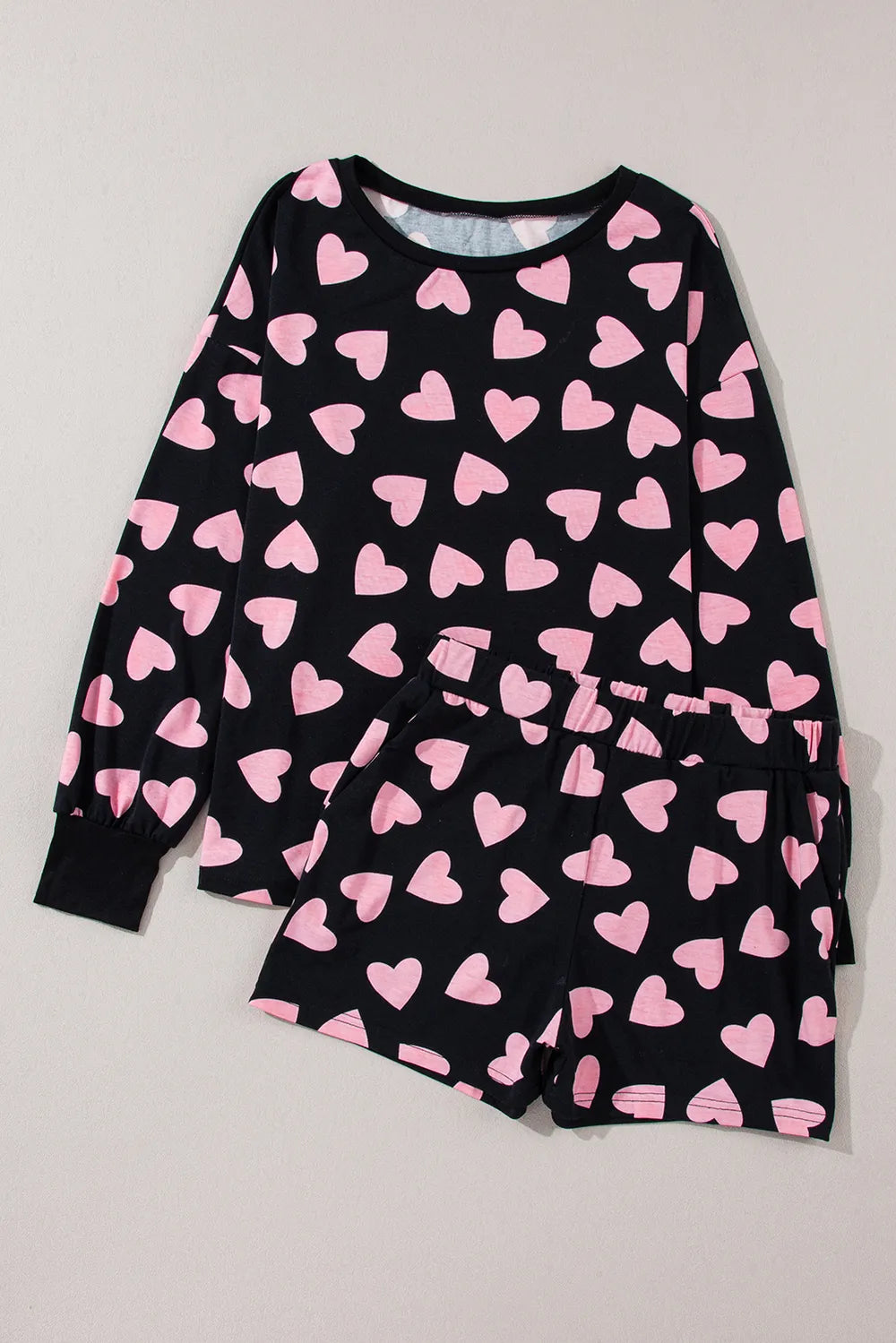 Heart Print Long Sleeve Top and Shorts Lounge Set - Ladyez