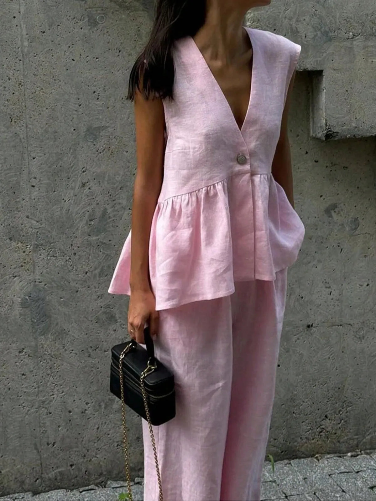 Button Down Peplum Vest and Pants Set