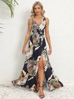 Slit Tied Printed Surplice Dress - Ladyez
