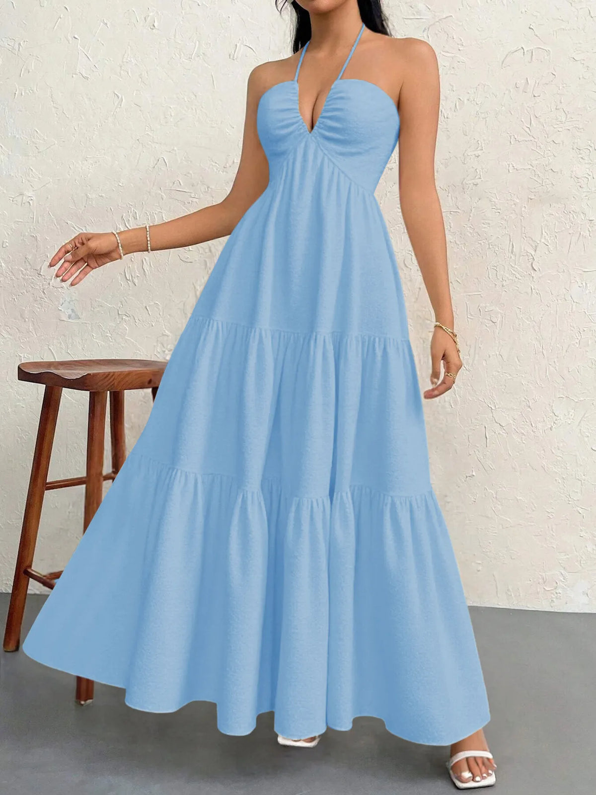 Halter Neck Tiered Maxi Dress - Ladyez