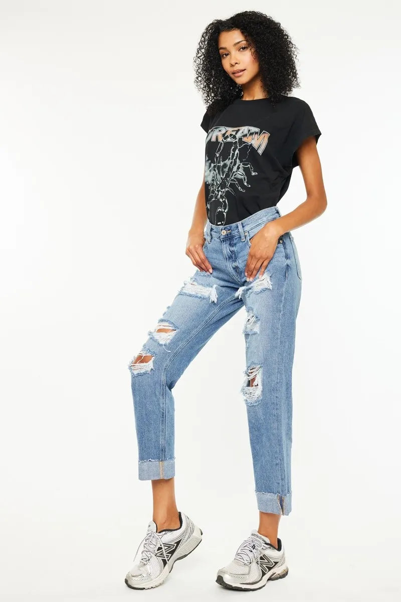 Kancan Mid Rise Distressed Boyfriend Fit Jeans - Ladyez