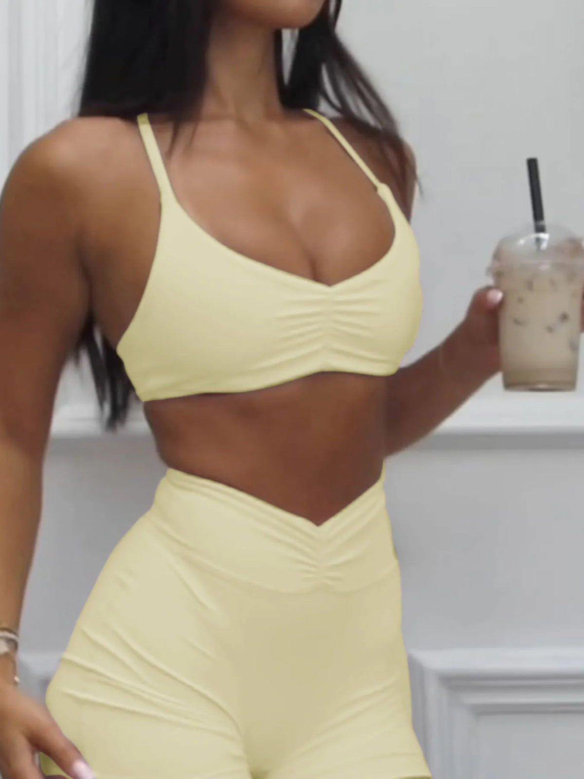 Ruched Sports Bra and High-Waisted Shorts Active Set - Ladyez